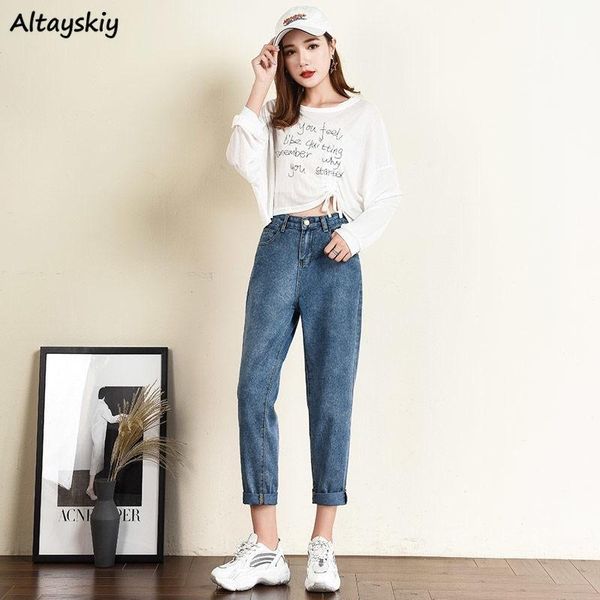 

jeans women straight plus size all-match casual womens trousers simple ankle-length korean style females high waist fashion chic, Blue