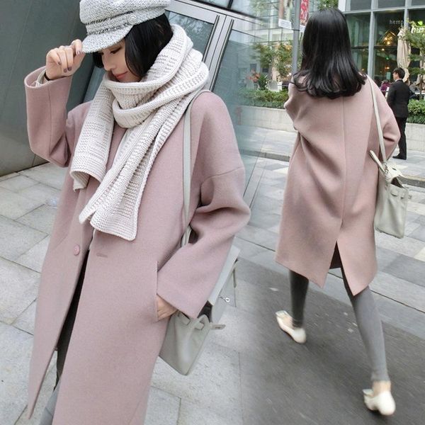 

women's clothing in the new winter cloth coat long profile loose pink woolen cloth1, Black