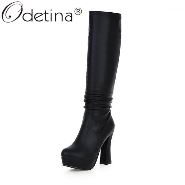 

boots odetina women block extreme high heel knee winter slip on round toe lady pleated platform keep warm slouch boots1, Black