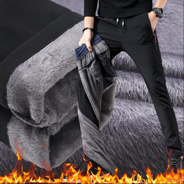 

brand mens winter fleece fluff thicken warm casual pants men straight elastic thick plaid cotton gray trousers male, Black