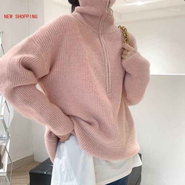

solid color sweater new 2021 women chic zipper turtleneck warm sweaters pink fall winter fashion loose simple knitted pullovers1, White;black