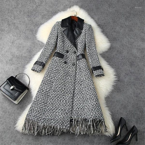 

2020 fashion autumn winter turn down collar plaid tassel tweed woolen jackets long wool blends coats elegant overcoat outerwear1, Black