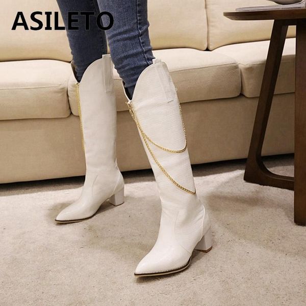 

boots asileto winter cowboy knee-high pointed toe 6cm chunky heel pu slip-on solid chains big size 35-48 green work c2048, Black