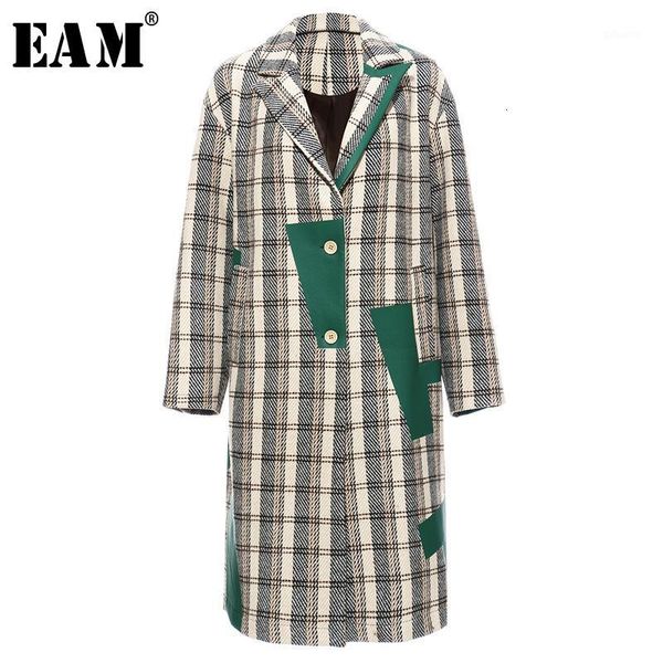 

eam] women plaid split long big size trench new lapel long sleeve loose fit windbreaker fashion spring autumn 2020 19a-a1201, Tan;black