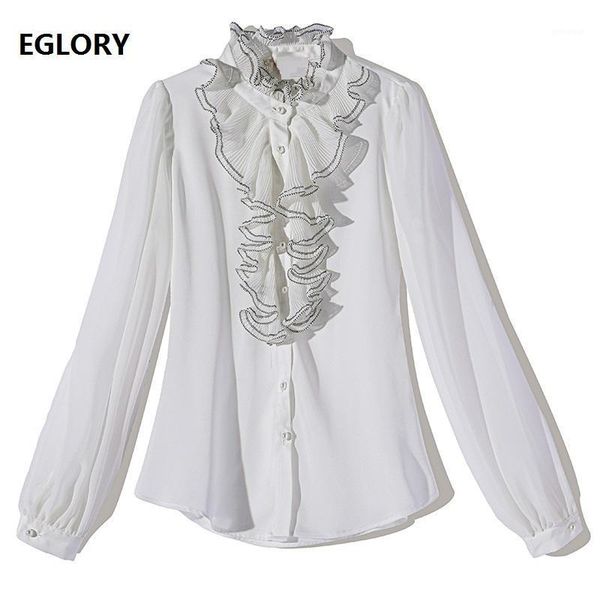 

brand blouse shirt 2021 spring summer blouses women ruffle deco long sleeve elegant silk shirt white black xl1