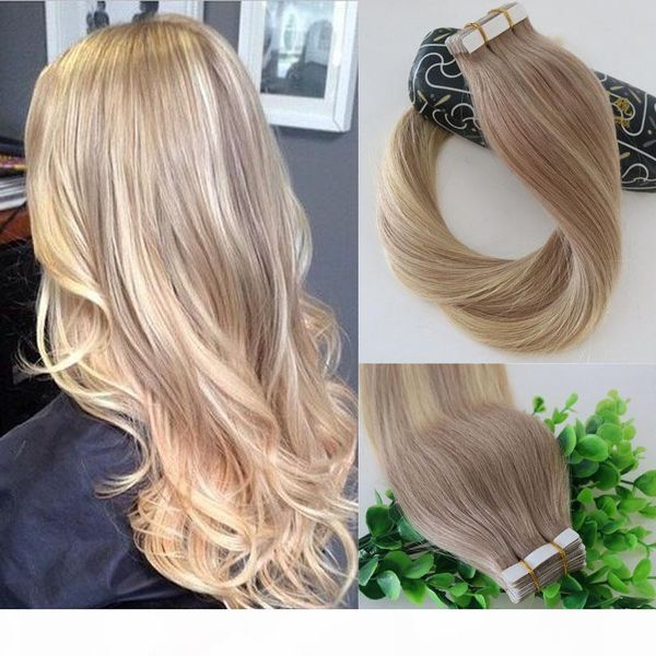 

#18 #613 balayage ombre color ash blonde fading to golden blonde brazilian human remy hair glue skin weft 40pcs tape in hair extensions, Black