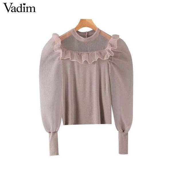 

vadim women elegant organza ruffles blouse silm fit elastic long puff sleeve shirts female casual sweet blusas lb566 t200322, White