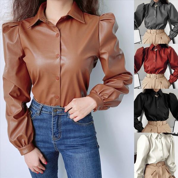 

vintage women solid faux leather shirts autumn winter puff shoulder buttons shirt fashion female turn down collar shirts, White