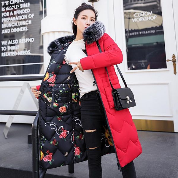 

2021 winter korean style x-long jacket women both sides can be wear oversized slim hooded with fur collar mujer parka frau jacke, Black
