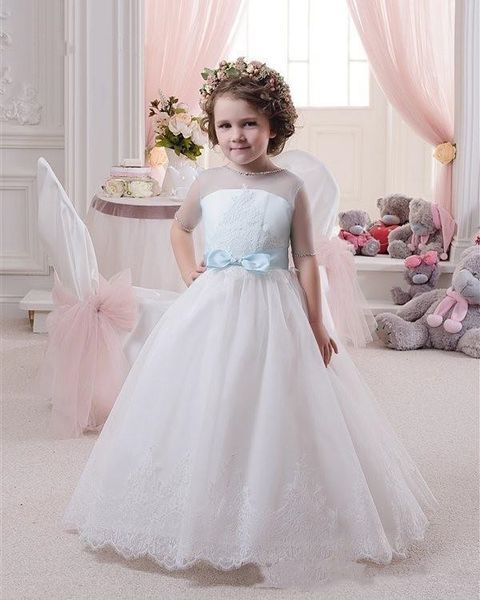 

girls flower girl dresses wedding a-line beaded neckline half sleeve chidren party dress with blue bow appliques long kids formal wear, White;blue