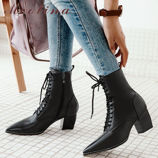 

meotina women natural leather boots winter pointed toe high heel boots zipper fashion lace up motorcycle boots brown size 34-39 t200425, Black