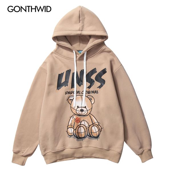 

cartoon bear print fleece hoodies harajuku casual pullover hooded sweatshirts streetwear 2020 mens hip hop fashion, Black