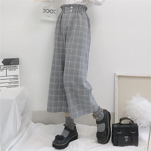 

women plaid pants korean ankle-length sweet chic female new fashion straight high waist harajuk all-match loose streetwear, Black;white