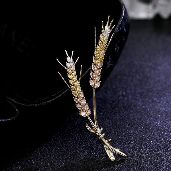 

okily elegant plant wheat brooches for women pave shiny yellow zircon grain brooch pin casual office coat broch pins gifts, Gray