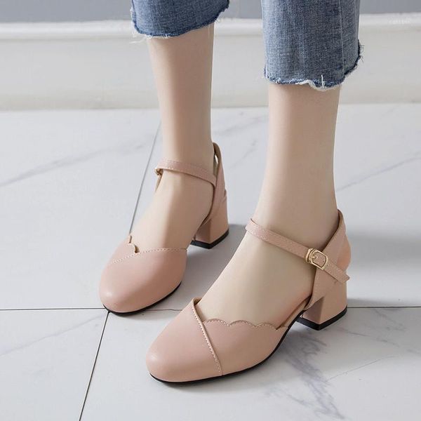 

ymechic fashion closed toe sweet lovely woman sandals 2020 summer white back strap plus size womens sandals chunky heels shoes1, Black