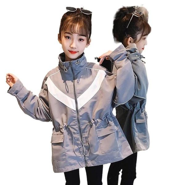 

spring new 2021 medium length lapel solid long sleeve zipper coat, Blue;gray