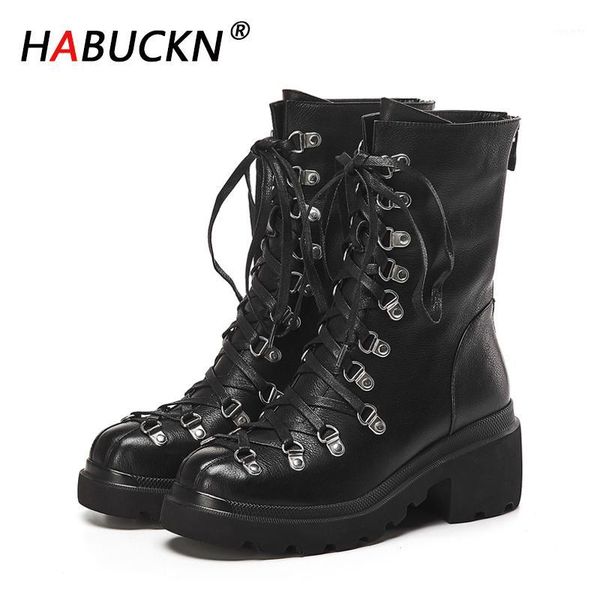 

habuckn new fashion women punk style retro cool rivet lace up ankle boots for woman motorcycle boot girls black1, Black