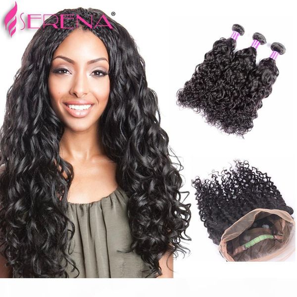 

preplucked 360 lace frontal with bundle water wave wet and wavy bundles with closure peruvian virgin hair with closure body wave, Black;brown