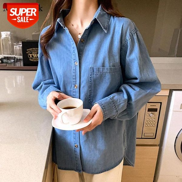 

2021 korean vintage denim women new fashion cotton jeans blouse femme casual long sleeve cardigan women shirt blusas 11969 #iq8l, White