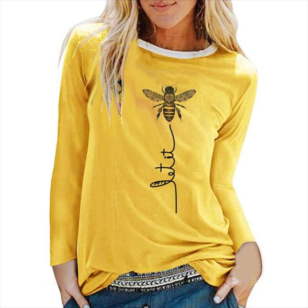 

печать пчелиных футболок женщин с длинным рукавом графические тройники уличные белые круглые шее эстетические одежды модные вершины для женщ, White