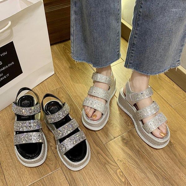 

2021 new women sandals rhinestones wedges shoes platform summer crystal high heels bling shoes wedding party sandals silver1, Black