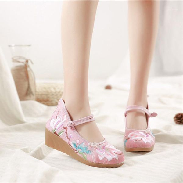 

dress shoes cotton fabric women wedges sandals mary jane button pumps ladies summer shoe national embroider ethnic casual high heels1, Black