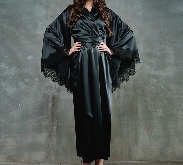 

women lace satin kimono long robe bathrobe lingerie sleepwear belt pajamas solid silk robes for women satin99, Black;red