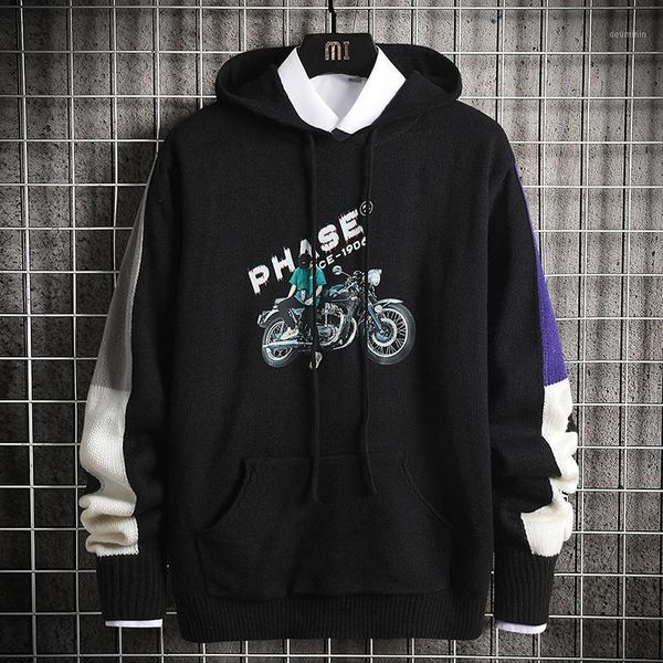 

glacialwhale oversized mens knitted sweater men patchwork hooded sweaters jumper pullover hip hop harajuku black sweater men1, White;black