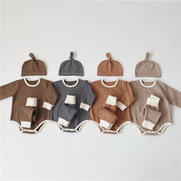 

2021 весна новый baby romper 3piece пижама наборы девочки мальчики толстый полосатый боди + леггинсы + крышка детская одежда e2508, Blue