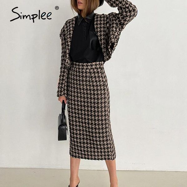 

simplee elegant houndstooth fitted skirt suits two-piece casual plaid women skirt a-line woollen coat suits ladies autumnn 20201, Gray