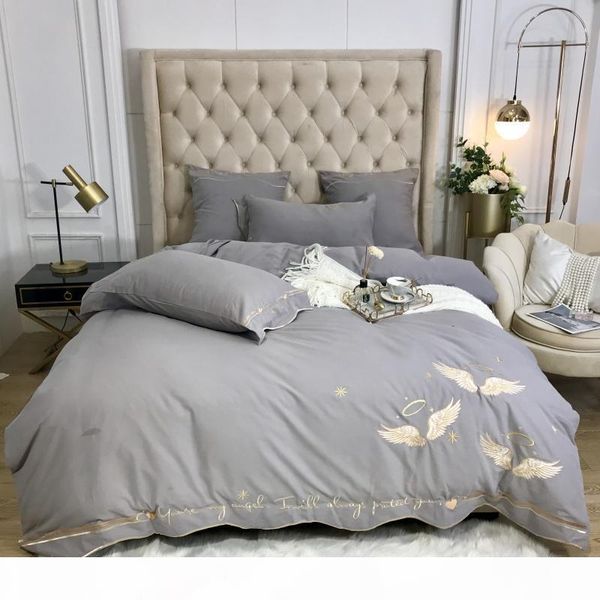 

luxury brushed cotton bedding set chic embroidery grey white duvet cover set bed sheet pillowcase  king size jpcs