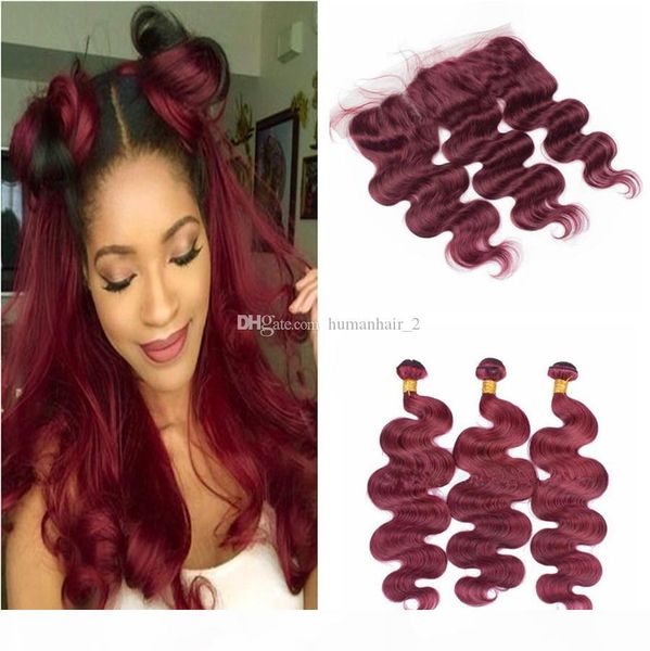 

brazilian burgundy human hair 3bundles with lace frontal 99j wine red body wave hair with ear to ear full lace frontals, Black;brown