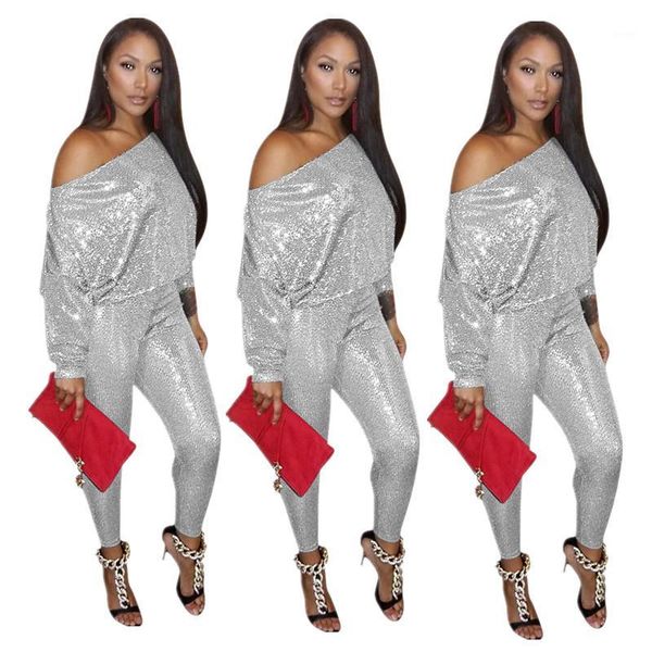 

2020 autumn glitter solid two piece sets nightclub wear lady's slash neck full sleeve t-shirts high waist bodycon pant sets1, Gray