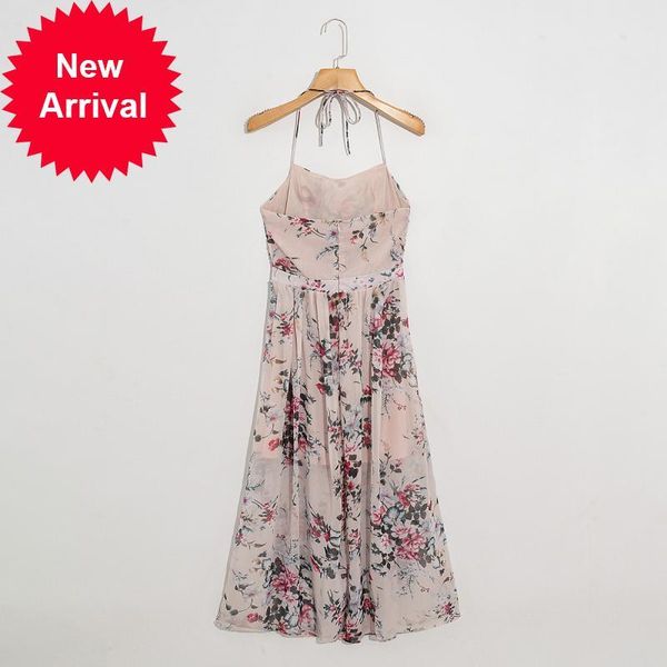 

2021 new runway designer boho pink chiffon dressed in high waist female summer hanging neck print dress long party clothes jrog, Black;gray