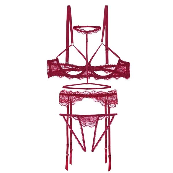 

4pcs bra set lace open bra crotchless panty garter halter women lingerie set exquisite bra+garter+briefs set dropship lj201210, Red;black