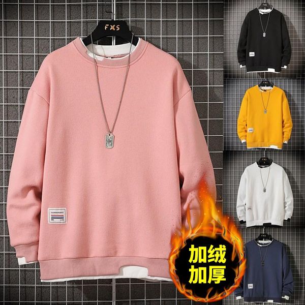 

men's hoodies & sweatshirts m-3xl mens winter male long sleeve o-neck pullover solid add wool fake two pieces streetwear clothes c50, Black