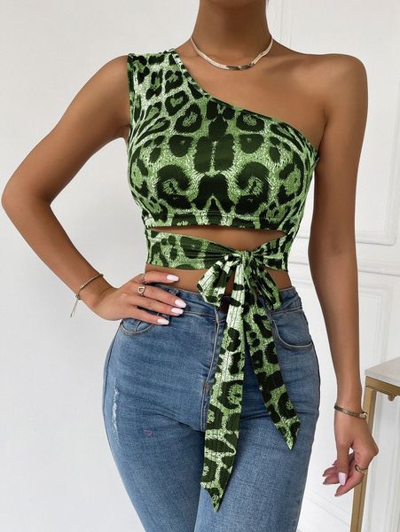 

leopard print knot front one shoulder v7u1#, White