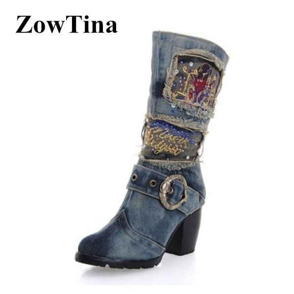 

vintage blue women denim winter boots pointed toe cowgirls square high heels bota feminina ladies shoes crystal botines mujer, Black