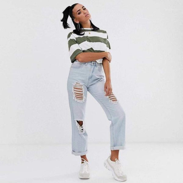 

2020 fashion jeans mujer quick sell amazon popular pants european and american wild hole street casual beggar jeans1, Blue