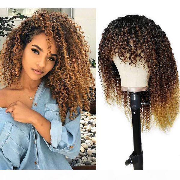 

allove brazilian 1b 4 27 ombre kinky curly human hair wigs with bangs peruvian curly none lace wigs indian malaysian for black women, Black;brown