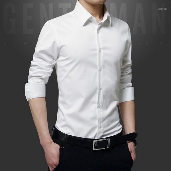 

2020 spring long sleeve turndown collar men shirts korean style slim fit solid business shirt male white button shirts1, White;black