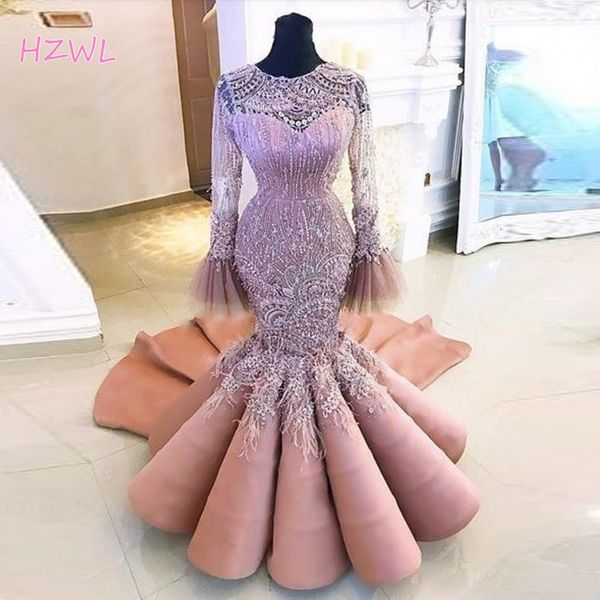 

dusty pink beading mermaid prom dresses saudi arabia sheer long sleeves lace and satin evening gowns dubai robe de soiree, Black