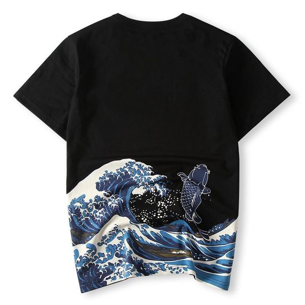 

fashion black white short sleeve t shirt 2020 japanese ukiyoe style carp fish tees streetwear cotton t-shirt, White;black