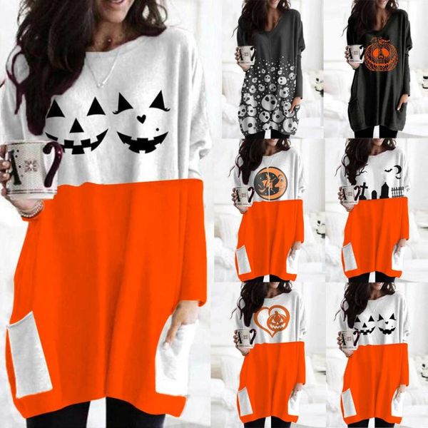 

women's blouses & shirts #r40 happy pumpkin print blouse women halloween o neck long sleeve shirt casual loose pullover with pocket, White