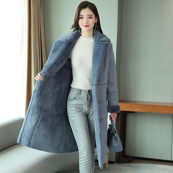 

women's fur & faux winter sheepskin coat very warm lamb ladies korean cropped outerwear loose female long suede clothing 2021, Black