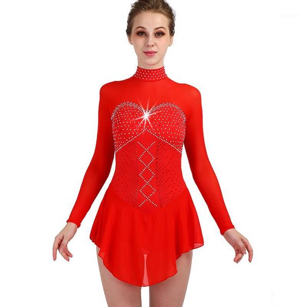 

stage wear figure skating dress red long sleeve crystal girls women figur clothes competition performance customize zh80251, Black;red
