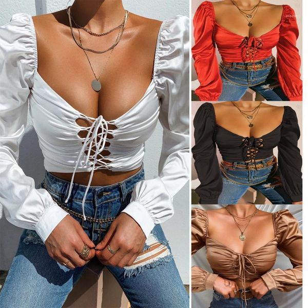 

women crop blouse female solid color long sleeve deep v-neck hollow-out clothes white red black brown1