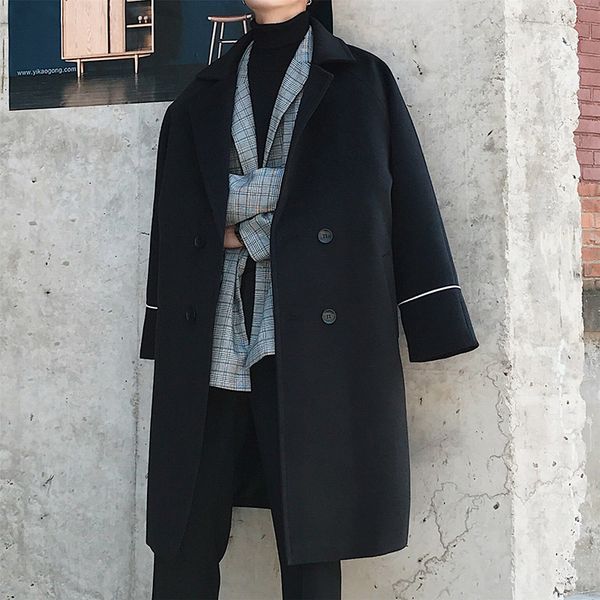 

windbreaker men's mid long autumn korean trend woolen coat winter british bla fabric, Tan;black