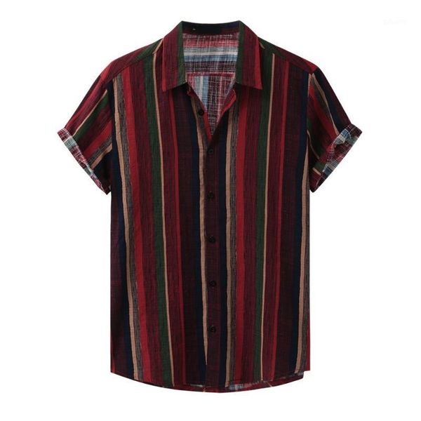 

feitong 2020 summer striped shirt men vintage printed turn down collar short sleeve casual tee blusa masculina1, White;black