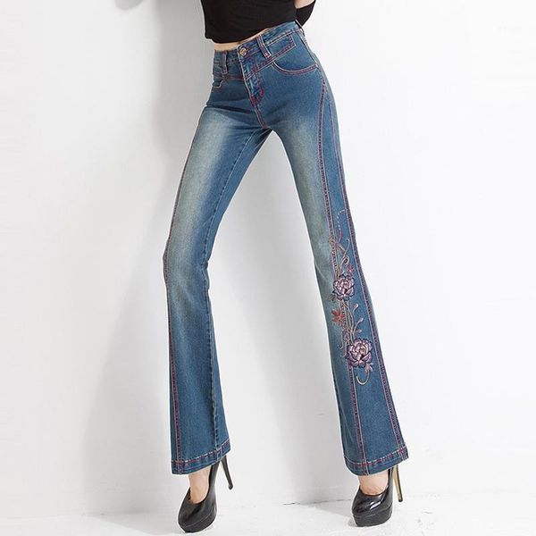 

jeans with embroidery woman embroidered slim flare floral pattern vintage design quality female pants jean bell bottoms push up1, Blue